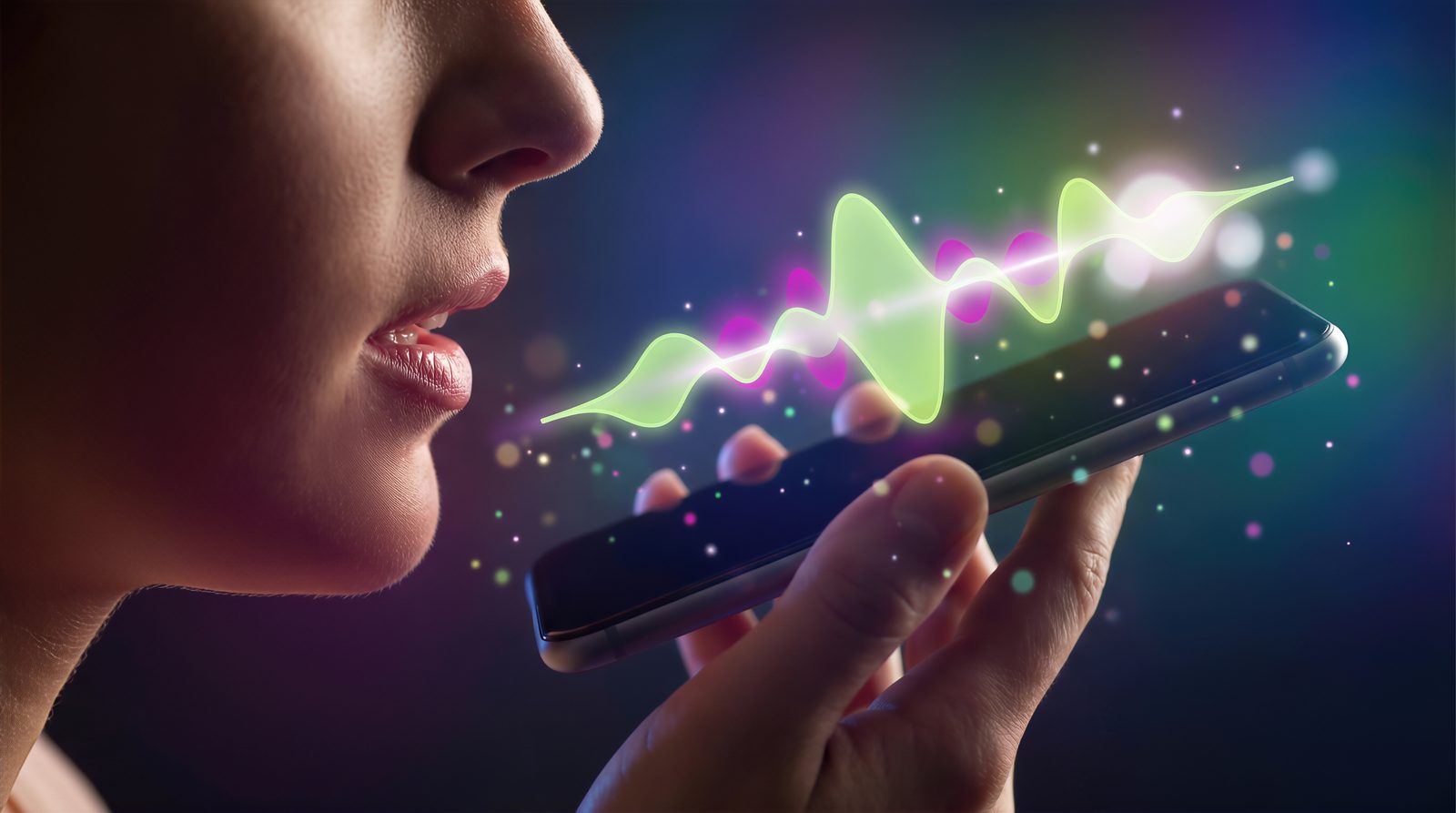 AI receptionist answering a call — a voice soundwave rising from a smartphone